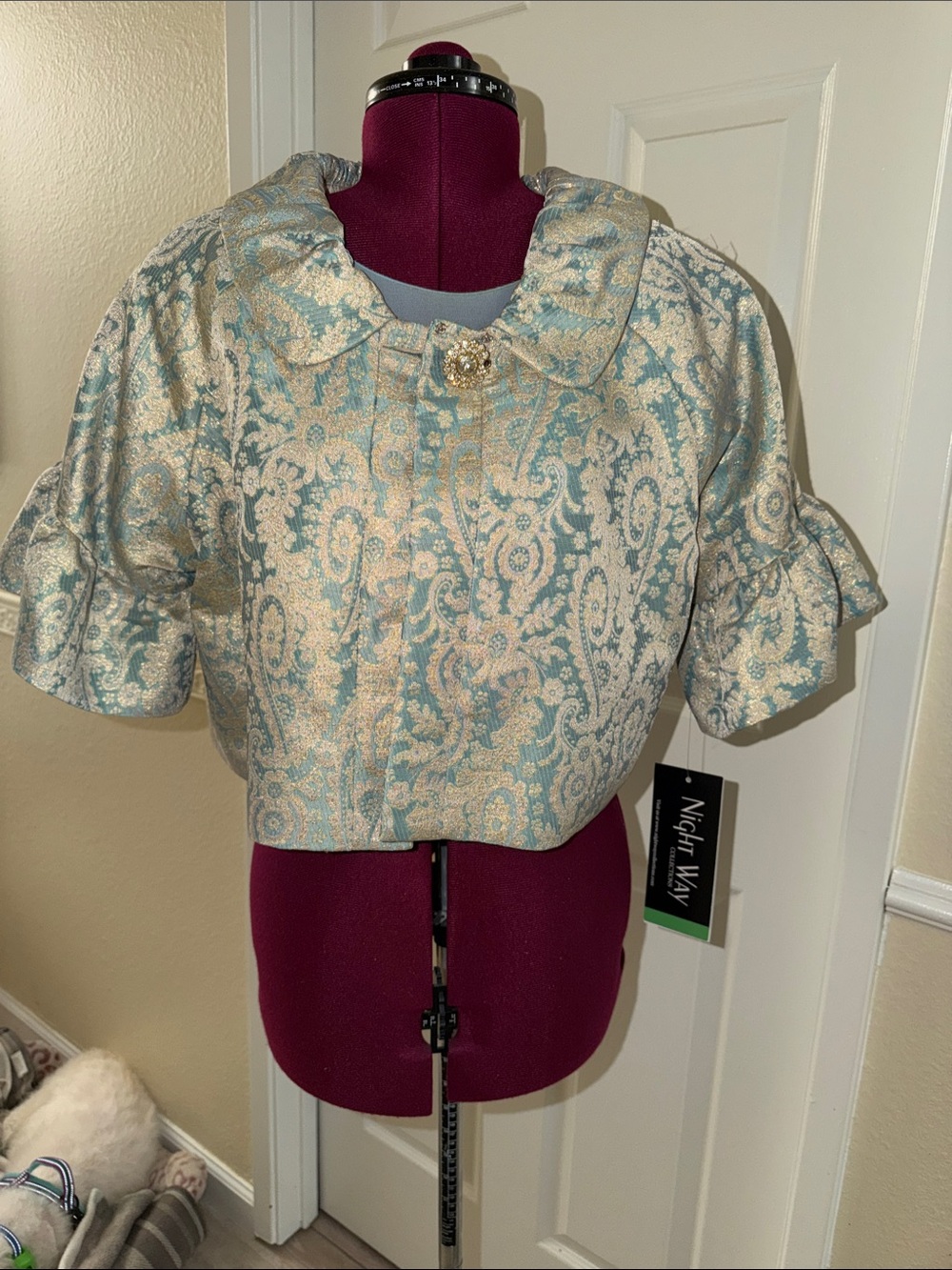 Night Way Collections Blue and Gold Brocade Crop Jacket with Jewel Button
